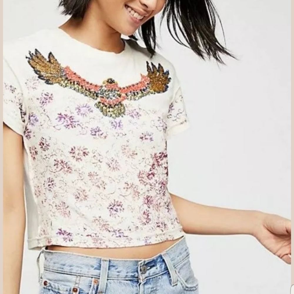 Free People White Crop Top with Embroidered Eagle - Picture 4 of 7
